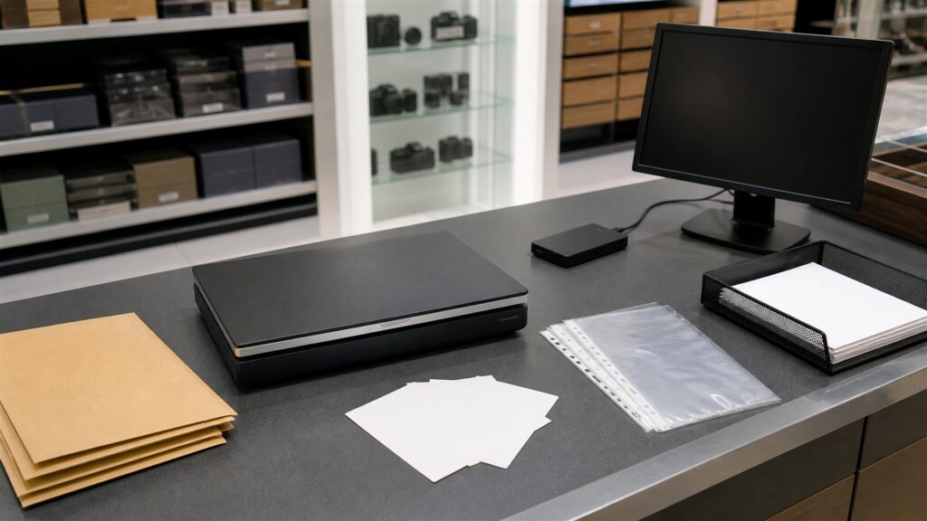 document digitization desk with powered-off monitor, flatbed scanner with lid closed, archival folders, blank photographs face down, calibration card without text, and cleaning tools for a retail operations buying decision