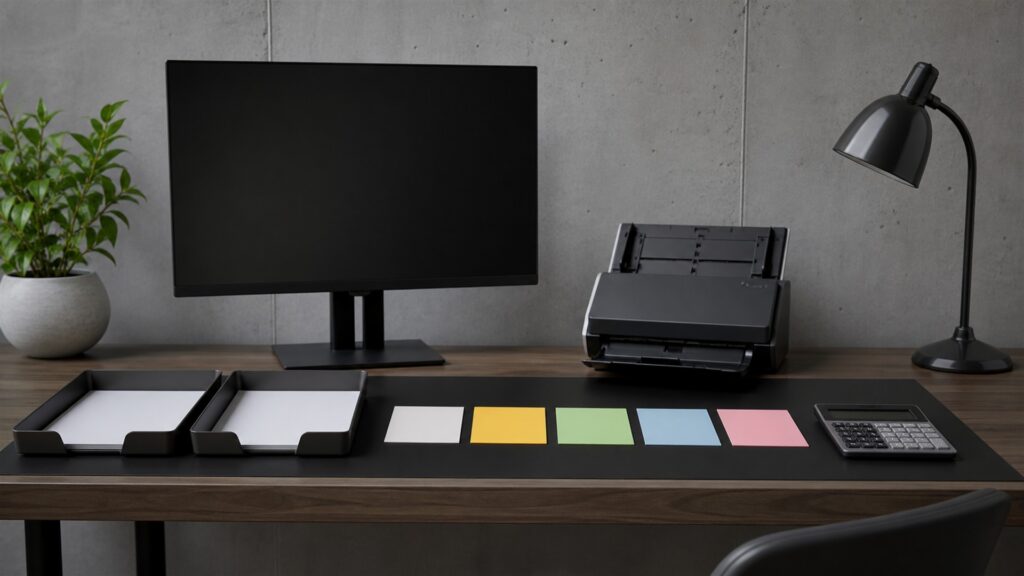 unbranded small business finance desk with powered-off monitor, calculator, receipt scanner, blank bills, payment terminal, and plain folders for a finance workflow automation buying decision