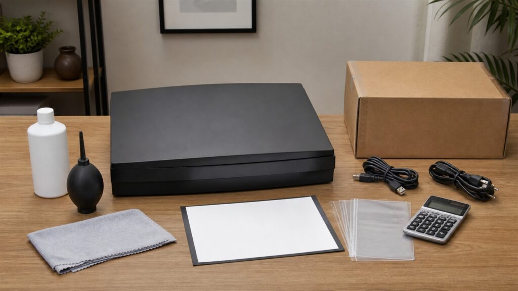 document digitization desk with powered-off monitor, flatbed scanner with lid closed, archival folders, blank photographs face down, calibration card without text, and cleaning tools for a maintenance costs buying decision