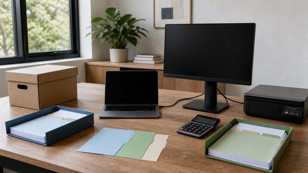 small business tax desk with powered-off computer, compact scanner, calculator, plain document folders, secure archive box, calendar cards, and tidy finance supplies for a business scaling buying decision
