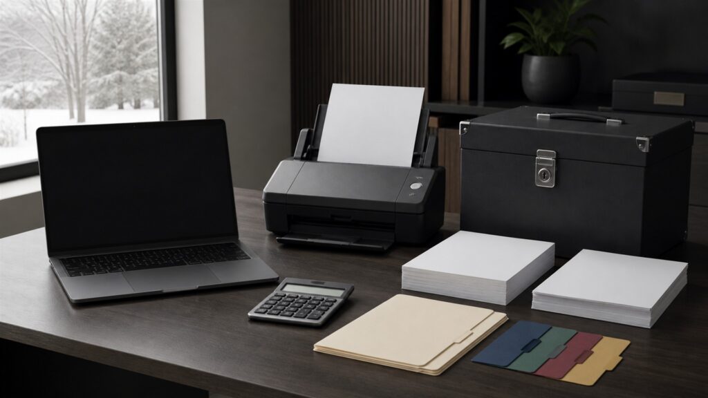 small business tax desk with powered-off computer, compact scanner, calculator, plain document folders, secure archive box, calendar cards, and tidy finance supplies for a tax season preparation buying decision