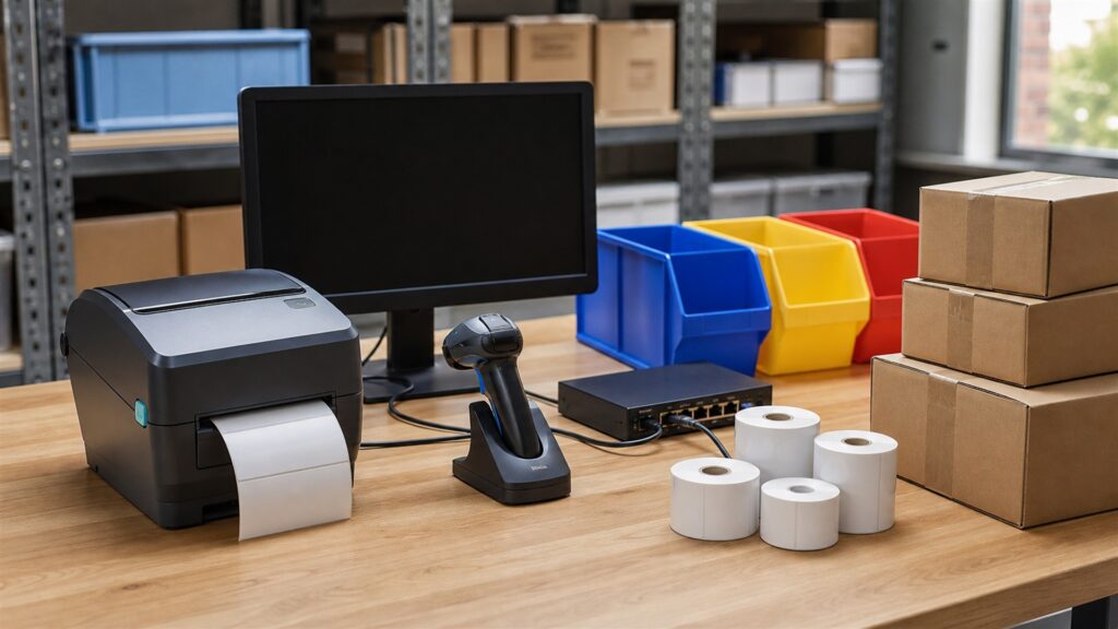 barcode label printing station with powered-off monitor, compact thermal label printer, blank label rolls, scanner, plain cartons, cleaning supplies, and organized cables for a barcode workflow buying decision