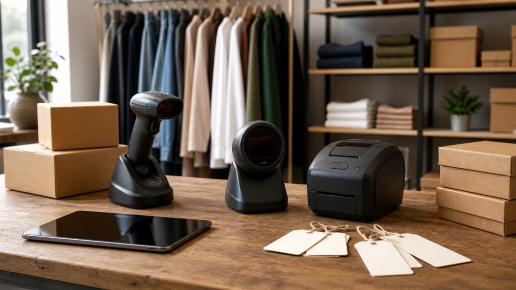 barcode scanning workstation with powered-off monitor, handheld barcode scanners on stands, plain cartons, blank inventory cards, charging dock, and tidy cables for a retail operations buying decision