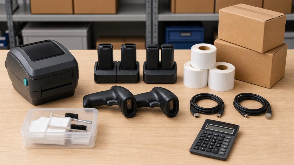 inventory barcode operations table with powered-off laptop, handheld scanners, compact label printer, blank tags, plain cartons, charging dock, and network device for a maintenance costs buying decision