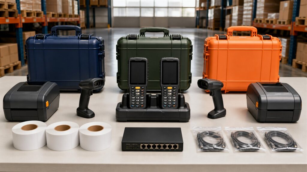 inventory barcode operations table with powered-off laptop, handheld scanners, compact label printer, blank tags, plain cartons, charging dock, and network device for a multi-location deployment buying decision