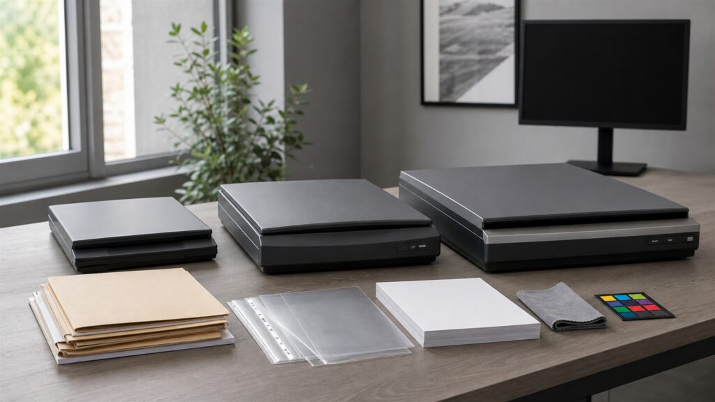 document digitization desk with powered-off monitor, flatbed scanner with lid closed, archival folders, blank photographs face down, calibration card without text, and cleaning tools for a general selection buying decision