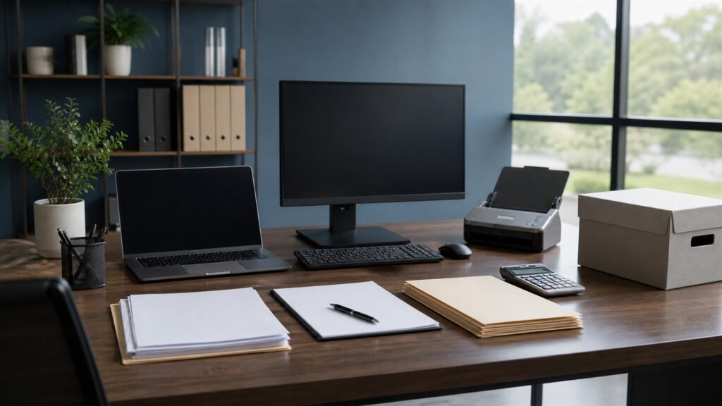unbranded small business finance desk with powered-off monitor, calculator, receipt scanner, blank bills, payment terminal, and plain folders for a tax season preparation buying decision