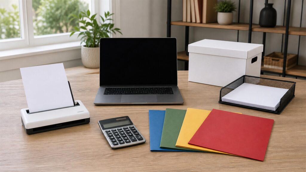 independent worker tax desk with powered-off laptop, compact scanner, calculator, plain expense envelopes, document folders, security key, and tidy records for a business scaling buying decision