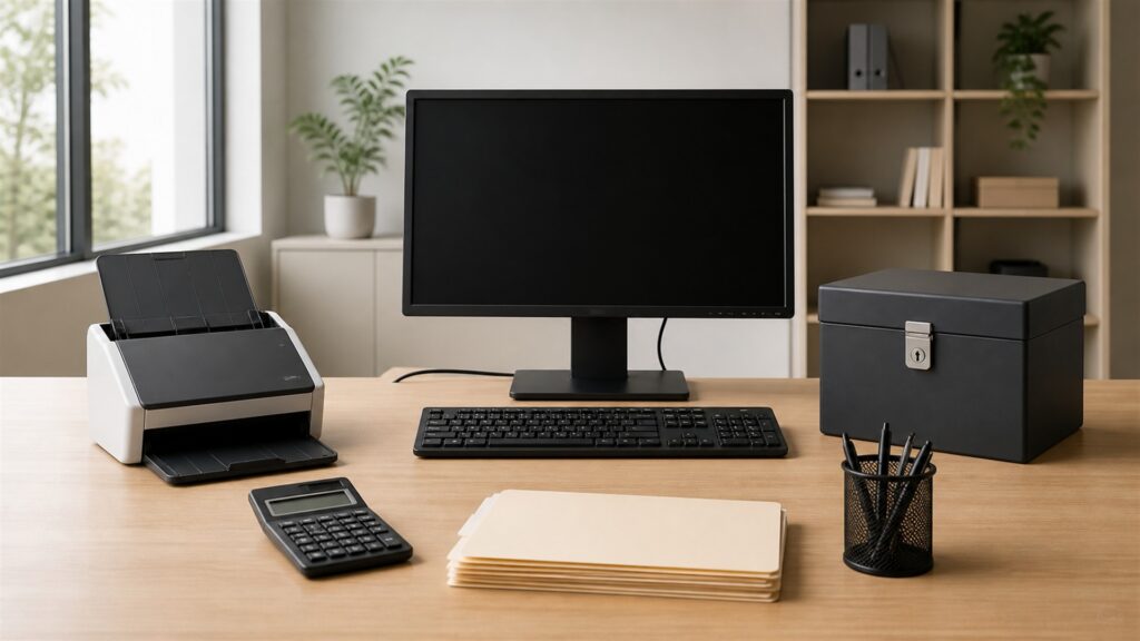 small business tax desk with powered-off computer, compact scanner, calculator, plain document folders, secure archive box, calendar cards, and tidy finance supplies for a general selection buying decision