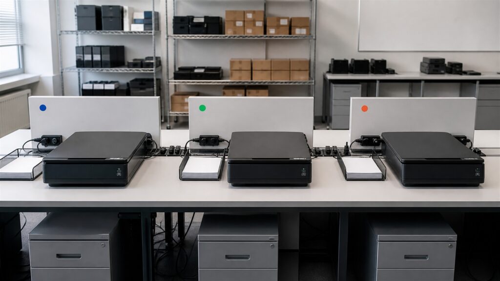 document digitization desk with powered-off monitor, flatbed scanner with lid closed, archival folders, blank photographs face down, calibration card without text, and cleaning tools for a multi-location deployment buying decision