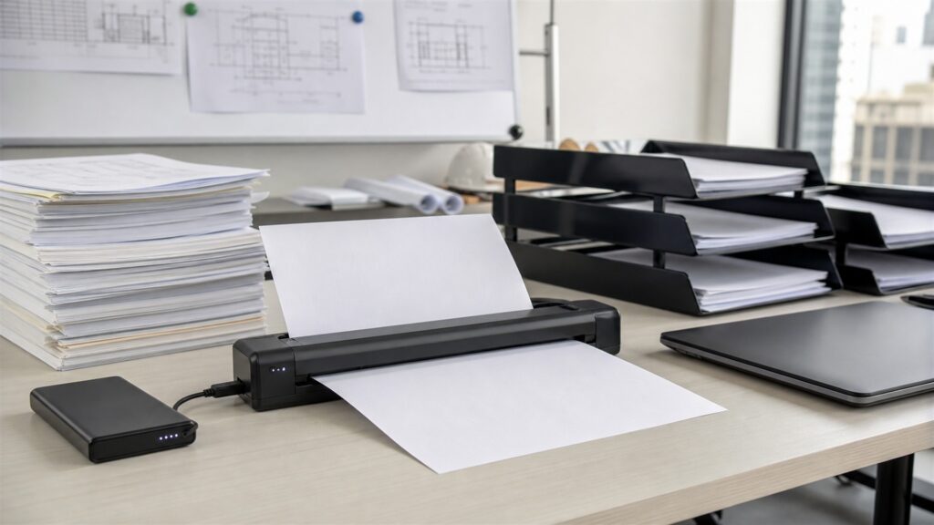 mobile scanning desk with compact portable sheetfed scanner, powered-off laptop, protective sleeve, blank documents, cable organizer, and travel pouch for a volume and throughput buying decision