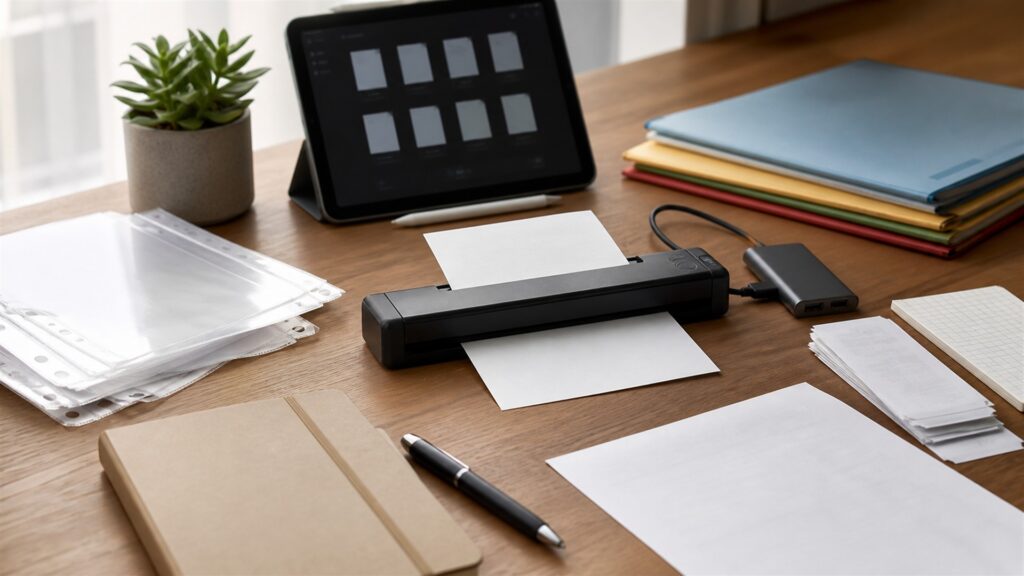 mobile scanning desk with compact portable sheetfed scanner, powered-off laptop, protective sleeve, blank documents, cable organizer, and travel pouch for a document workflow buying decision