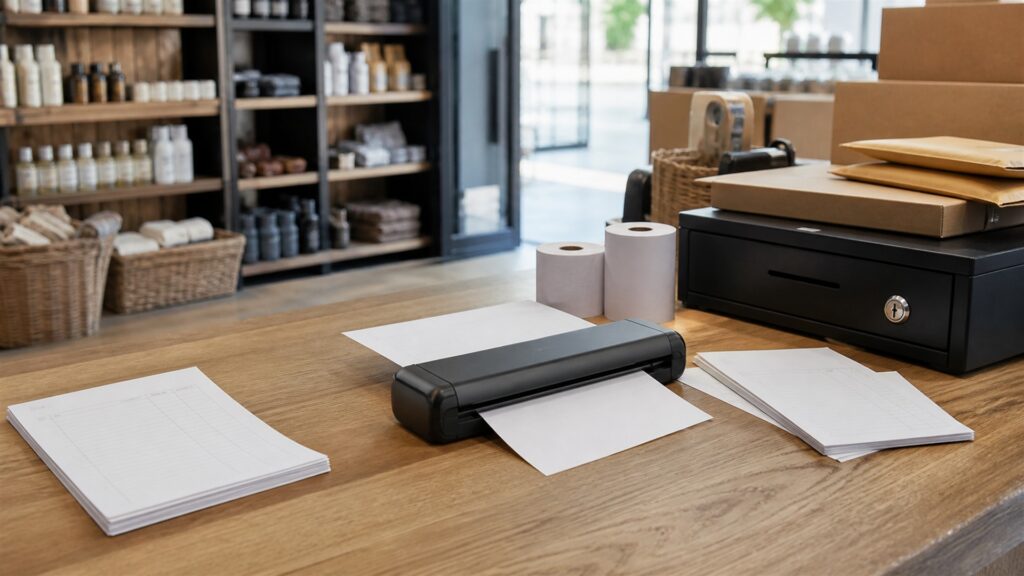 mobile scanning desk with compact portable sheetfed scanner, powered-off laptop, protective sleeve, blank documents, cable organizer, and travel pouch for a retail operations buying decision