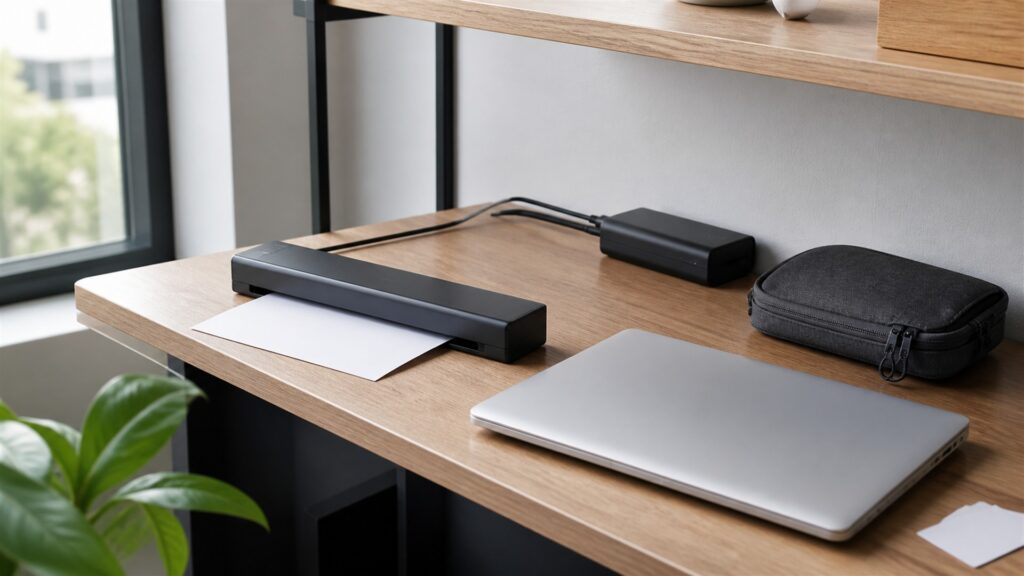 mobile scanning desk with compact portable sheetfed scanner, powered-off laptop, protective sleeve, blank documents, cable organizer, and travel pouch for a space and setup buying decision