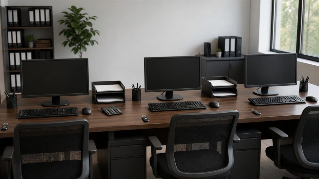 unbranded small business finance desk with powered-off monitor, calculator, receipt scanner, blank bills, payment terminal, and plain folders for a multi-user finance teams buying decision