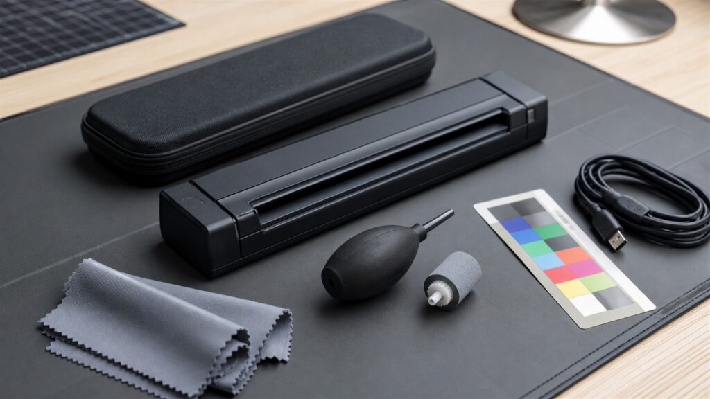 mobile scanning desk with compact portable sheetfed scanner, powered-off laptop, protective sleeve, blank documents, cable organizer, and travel pouch for a maintenance costs buying decision