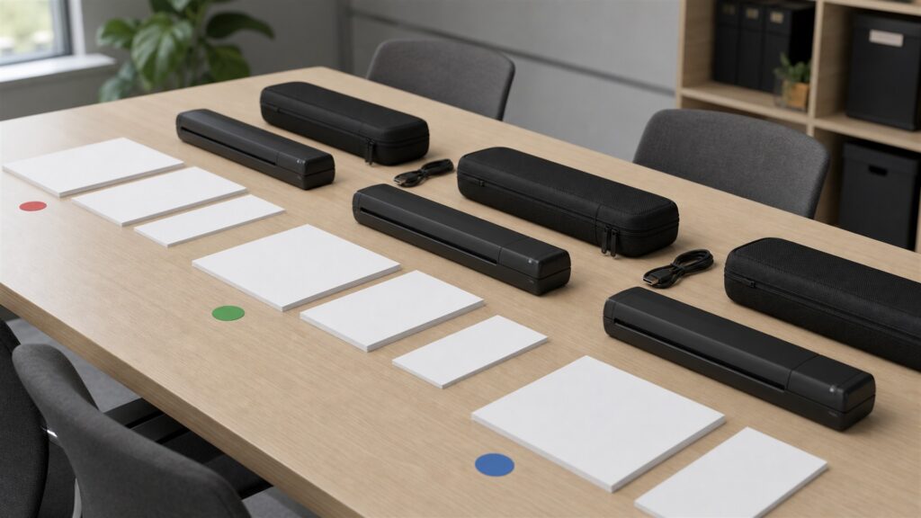 mobile scanning desk with compact portable sheetfed scanner, powered-off laptop, protective sleeve, blank documents, cable organizer, and travel pouch for a daily use buying decision