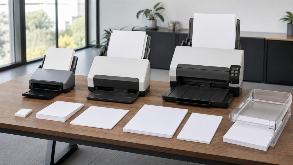 document processing station with sheetfed scanner, powered-off monitor, blank paper stacks, input and output trays, archival folders, and cleaning tools for a general selection buying decision