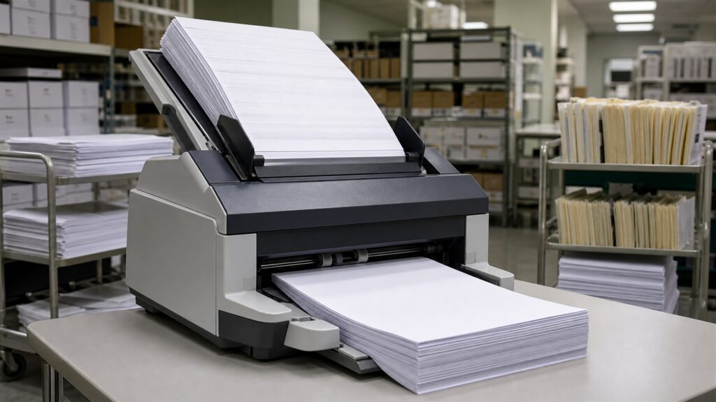 document processing station with sheetfed scanner, powered-off monitor, blank paper stacks, input and output trays, archival folders, and cleaning tools for a volume and throughput buying decision