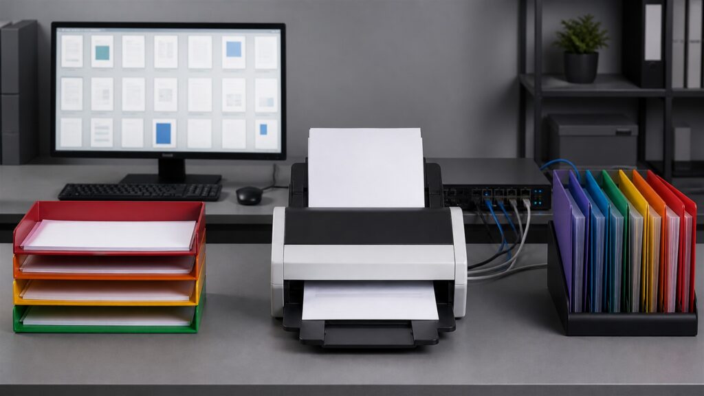 document processing station with sheetfed scanner, powered-off monitor, blank paper stacks, input and output trays, archival folders, and cleaning tools for a document workflow buying decision