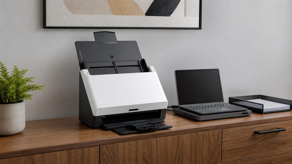 document processing station with sheetfed scanner, powered-off monitor, blank paper stacks, input and output trays, archival folders, and cleaning tools for a space and setup buying decision