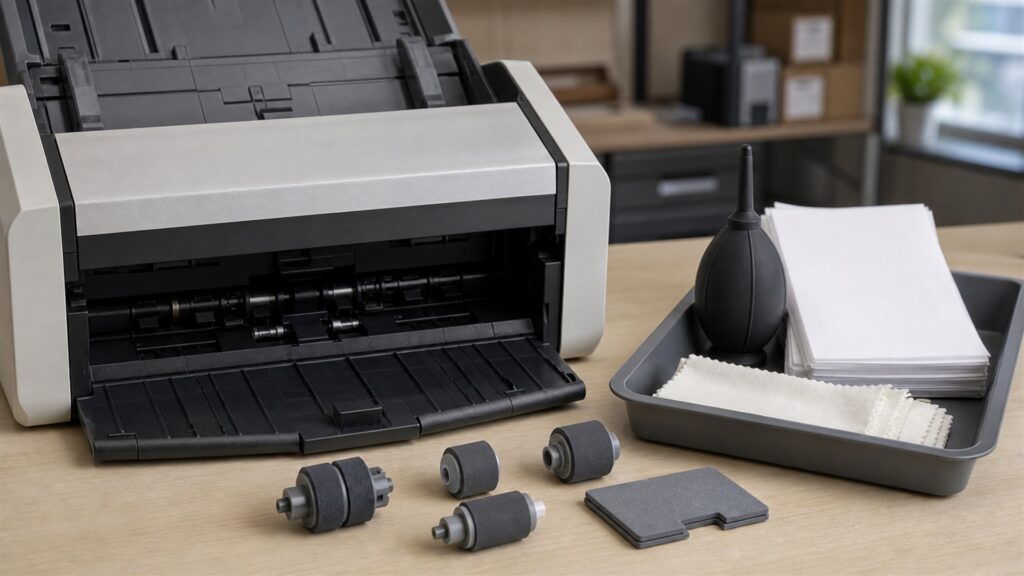 document processing station with sheetfed scanner, powered-off monitor, blank paper stacks, input and output trays, archival folders, and cleaning tools for a maintenance costs buying decision