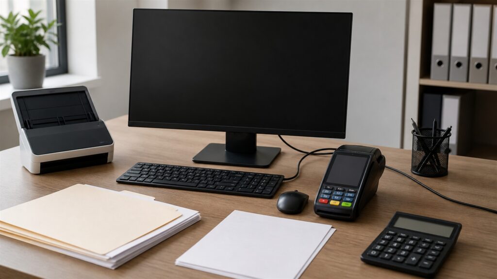 unbranded small business finance desk with powered-off monitor, calculator, receipt scanner, blank bills, payment terminal, and plain folders for a payroll integrations buying decision