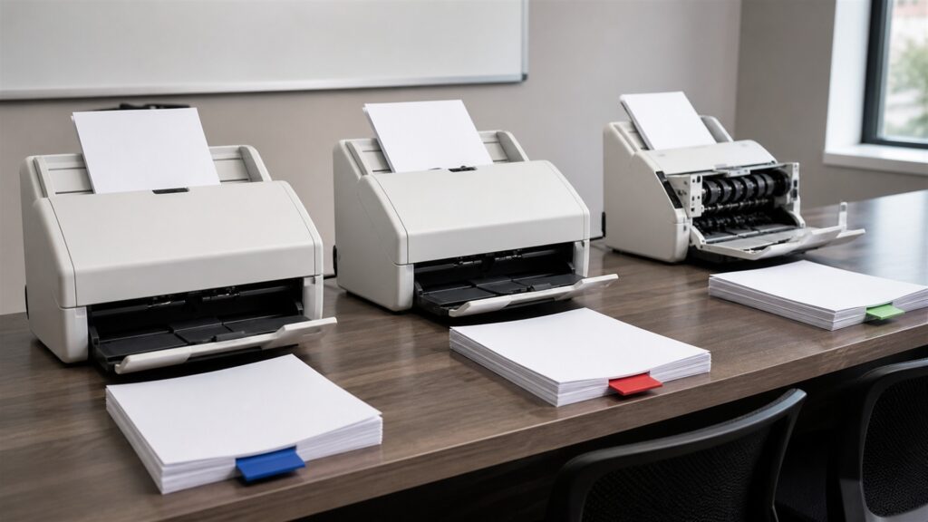 document processing station with sheetfed scanner, powered-off monitor, blank paper stacks, input and output trays, archival folders, and cleaning tools for a daily use buying decision