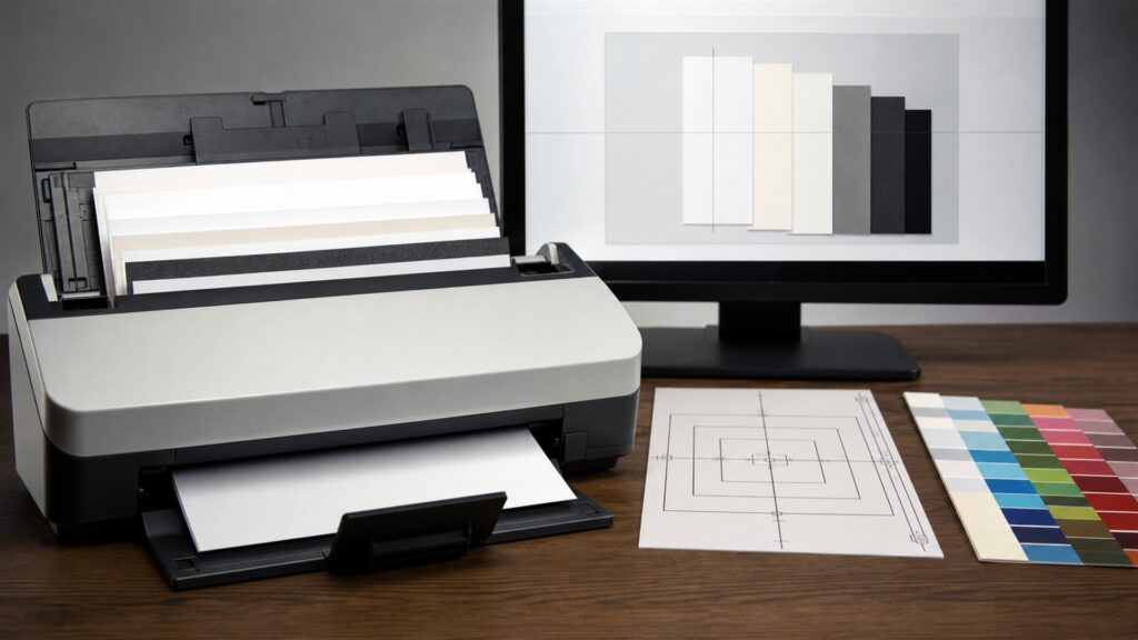 document processing station with sheetfed scanner, powered-off monitor, blank paper stacks, input and output trays, archival folders, and cleaning tools for a accuracy buying decision