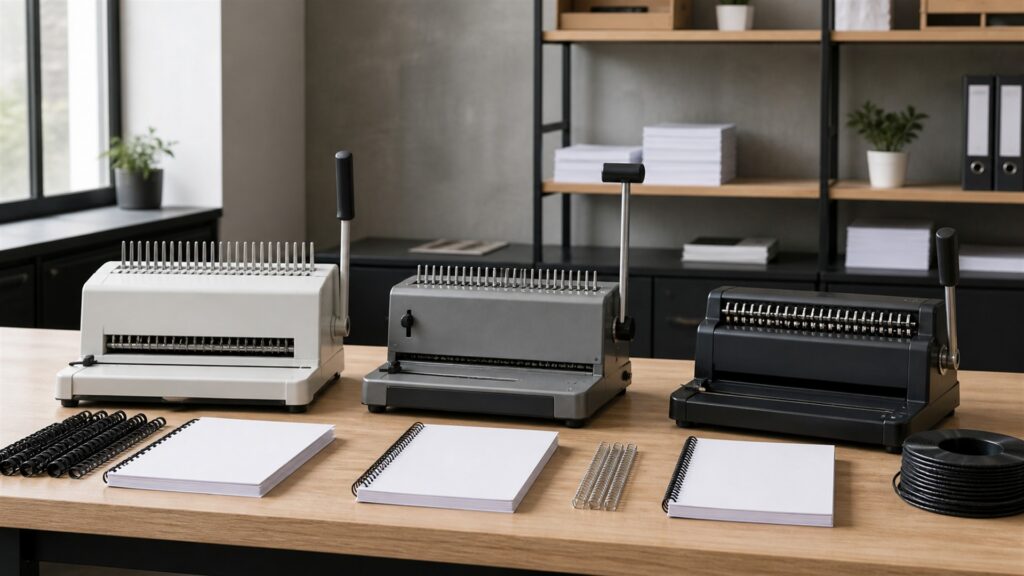 document finishing table with binding machine, blank report pages, plain covers, binding combs and coils, paper gauge, and organized supplies for a general selection buying decision