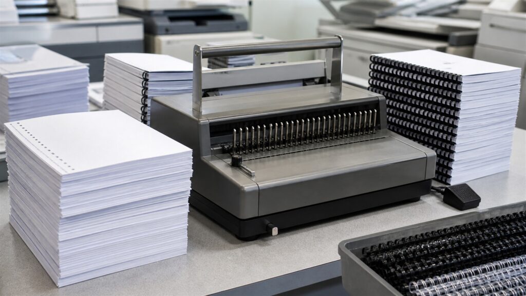 document finishing table with binding machine, blank report pages, plain covers, binding combs and coils, paper gauge, and organized supplies for a volume and throughput buying decision