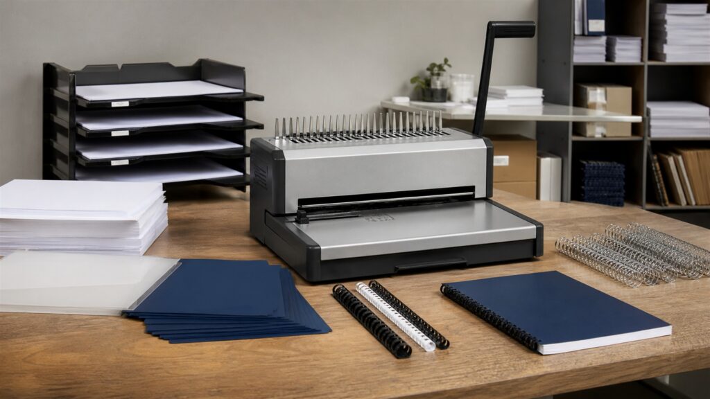document finishing table with binding machine, blank report pages, plain covers, binding combs and coils, paper gauge, and organized supplies for a finishing workflow buying decision
