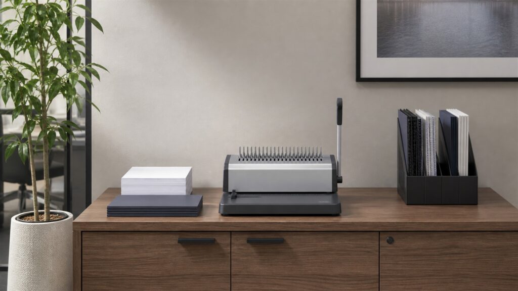 document finishing table with binding machine, blank report pages, plain covers, binding combs and coils, paper gauge, and organized supplies for a space and setup buying decision