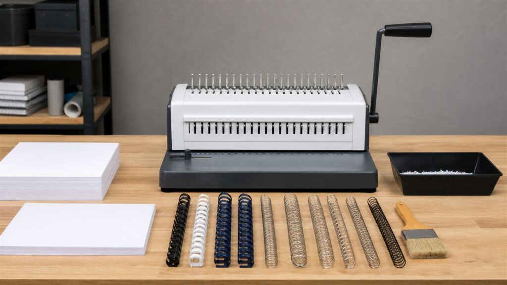 document finishing table with binding machine, blank report pages, plain covers, binding combs and coils, paper gauge, and organized supplies for a maintenance costs buying decision