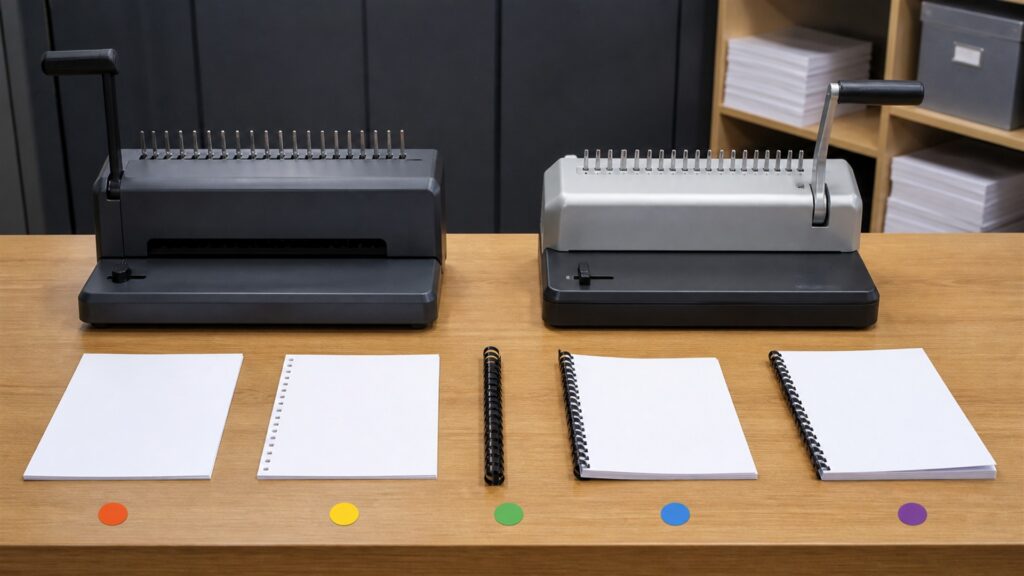 document finishing table with binding machine, blank report pages, plain covers, binding combs and coils, paper gauge, and organized supplies for a daily use buying decision