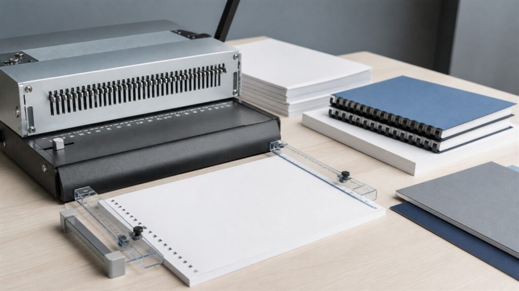 document finishing table with binding machine, blank report pages, plain covers, binding combs and coils, paper gauge, and organized supplies for a accuracy buying decision