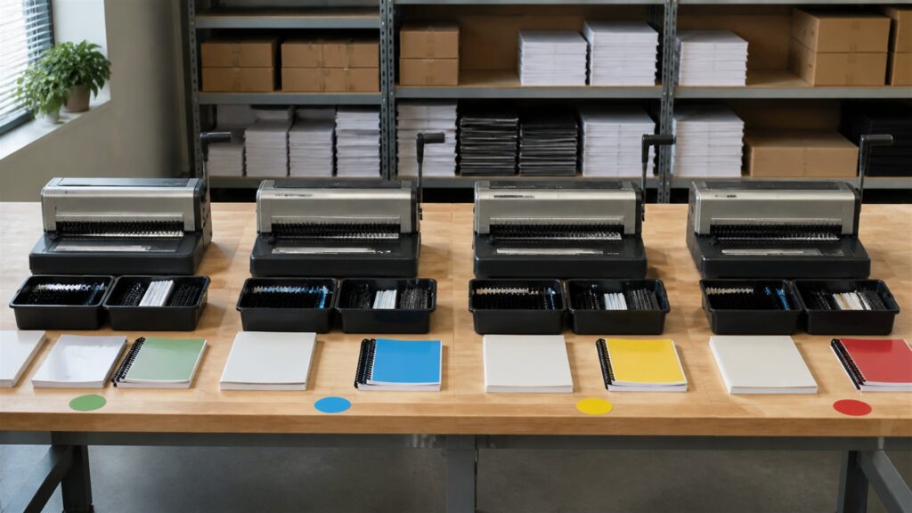 document finishing table with binding machine, blank report pages, plain covers, binding combs and coils, paper gauge, and organized supplies for a multi-location deployment buying decision