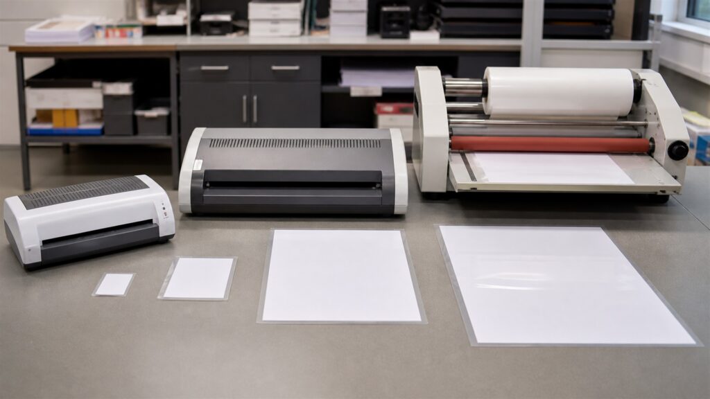 laminating workstation with laminator, blank pouches, plain cards, cooling tray, paper trimmer, carrier sheets, and organized supplies for a general selection buying decision