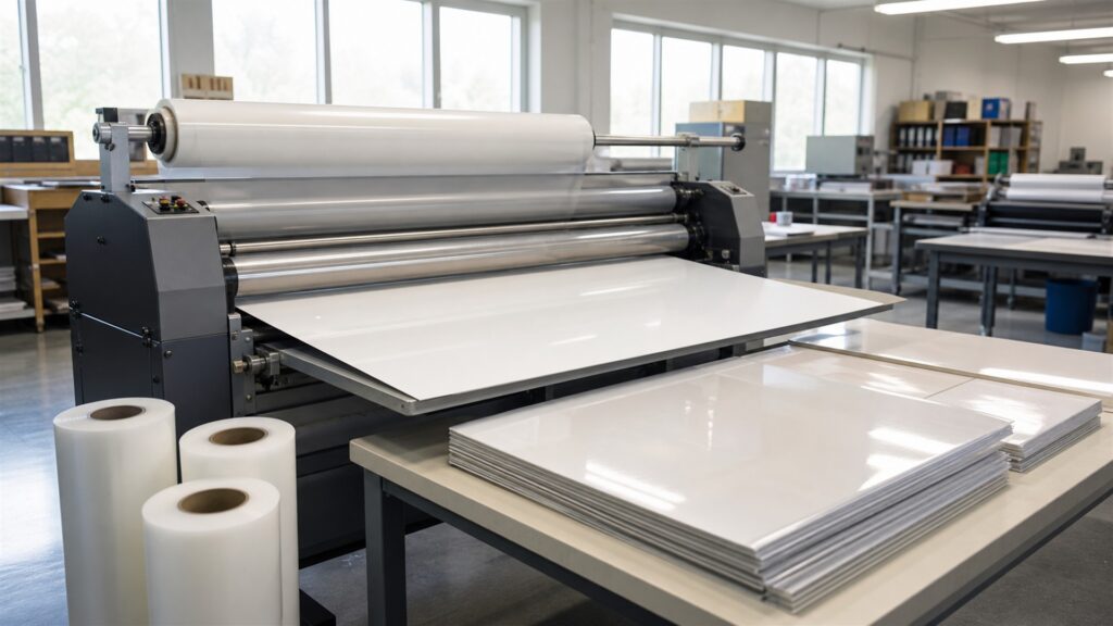 laminating workstation with laminator, blank pouches, plain cards, cooling tray, paper trimmer, carrier sheets, and organized supplies for a volume and throughput buying decision