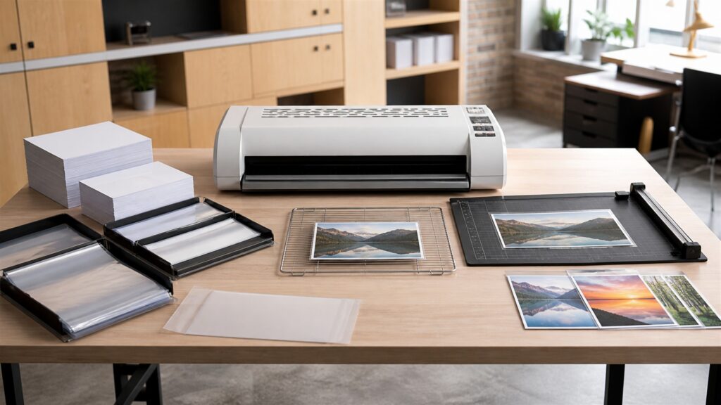 laminating workstation with laminator, blank pouches, plain cards, cooling tray, paper trimmer, carrier sheets, and organized supplies for a finishing workflow buying decision