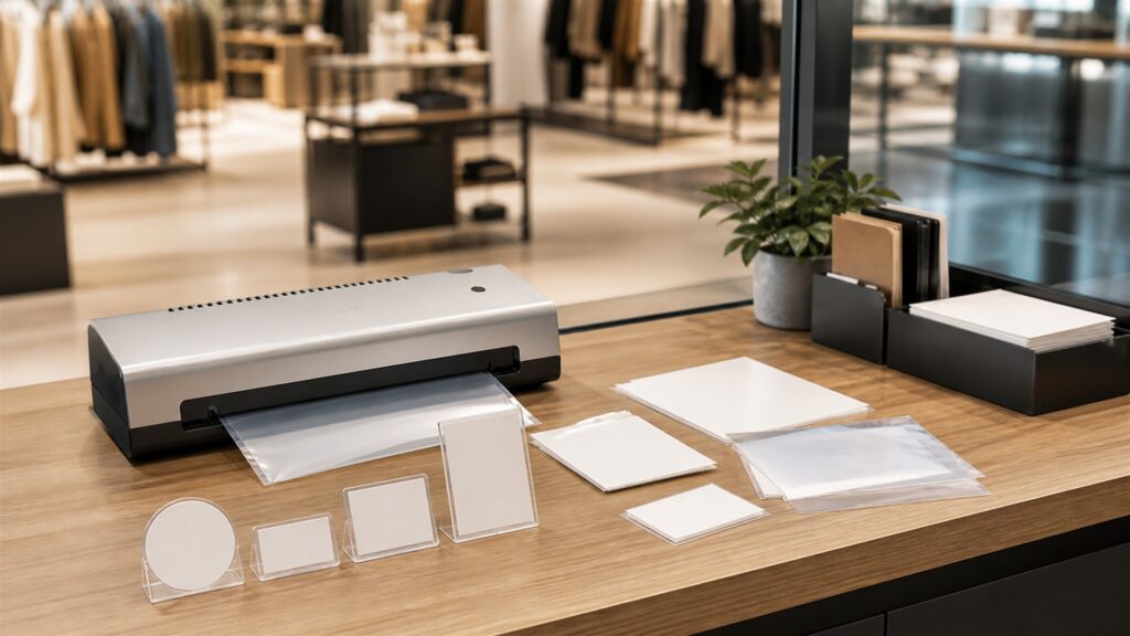 laminating workstation with laminator, blank pouches, plain cards, cooling tray, paper trimmer, carrier sheets, and organized supplies for a retail operations buying decision