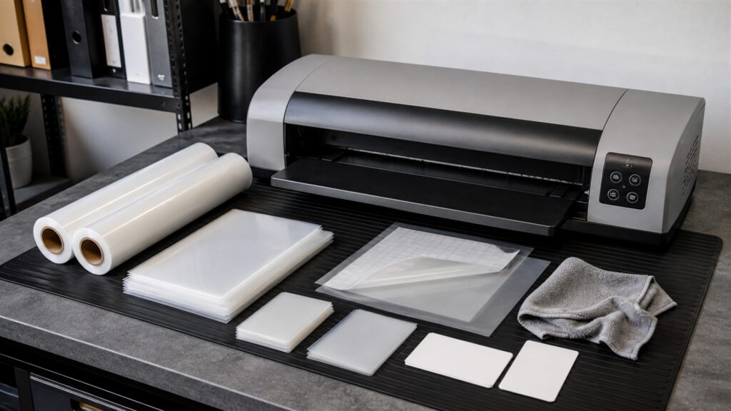 laminating workstation with laminator, blank pouches, plain cards, cooling tray, paper trimmer, carrier sheets, and organized supplies for a maintenance costs buying decision
