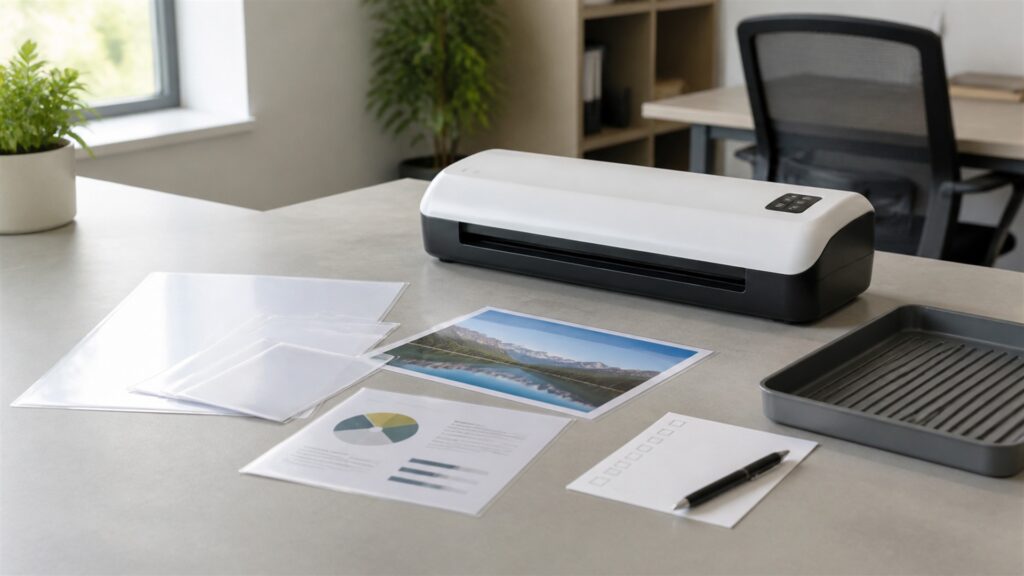 laminating workstation with laminator, blank pouches, plain cards, cooling tray, paper trimmer, carrier sheets, and organized supplies for a daily use buying decision
