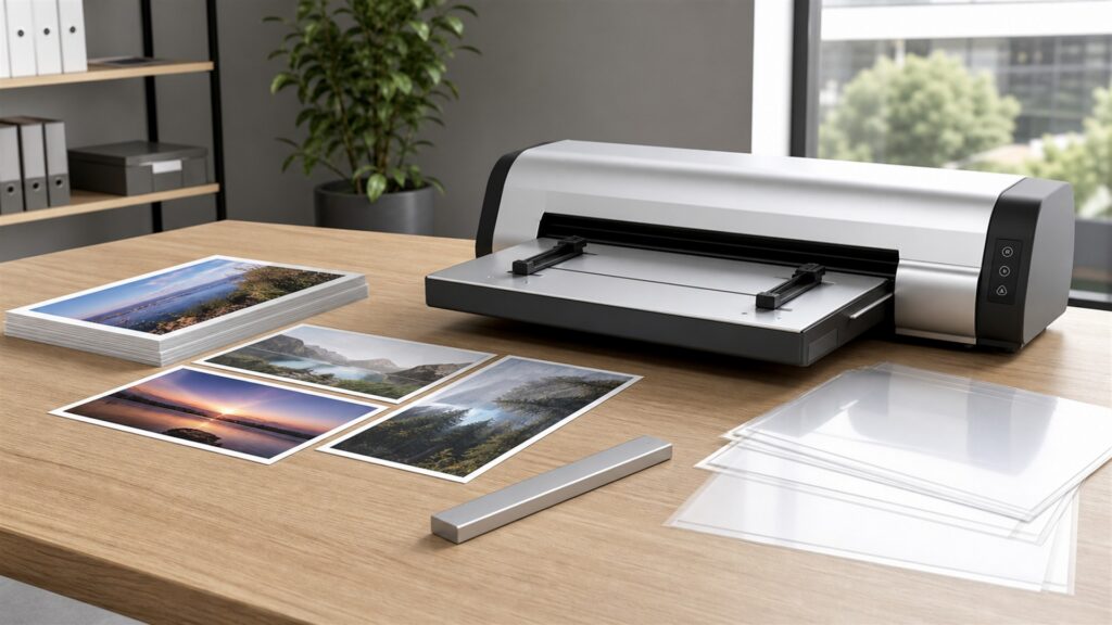 laminating workstation with laminator, blank pouches, plain cards, cooling tray, paper trimmer, carrier sheets, and organized supplies for a accuracy buying decision