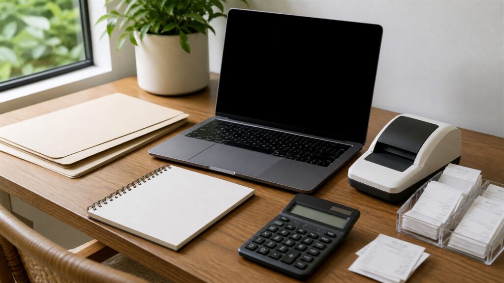 unbranded small business finance desk with powered-off monitor, calculator, receipt scanner, blank bills, payment terminal, and plain folders for a independent-worker workflows buying decision