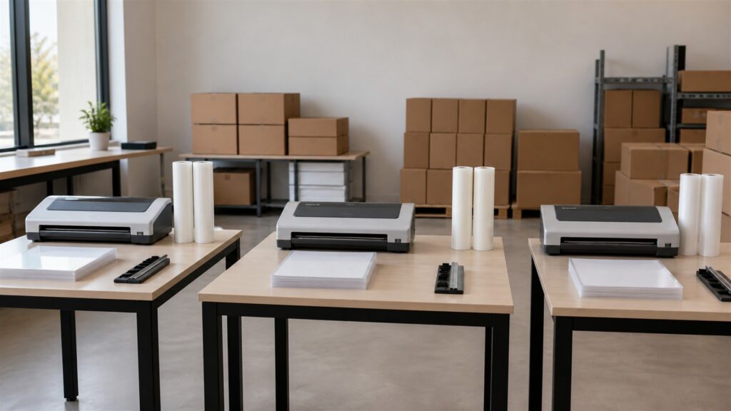laminating workstation with laminator, blank pouches, plain cards, cooling tray, paper trimmer, carrier sheets, and organized supplies for a multi-location deployment buying decision