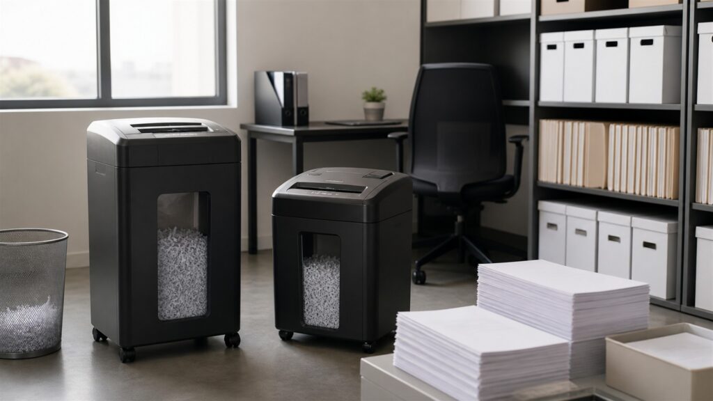 secure office shredding station with paper shredder, locked document bin, blank paper bundles, collection bags, lubricant sheets, and tidy storage for a general selection buying decision