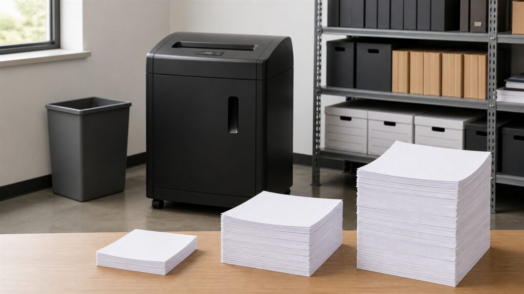 secure office shredding station with paper shredder, locked document bin, blank paper bundles, collection bags, lubricant sheets, and tidy storage for a volume and throughput buying decision