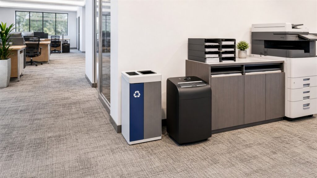 secure office shredding station with paper shredder, locked document bin, blank paper bundles, collection bags, lubricant sheets, and tidy storage for a finishing workflow buying decision