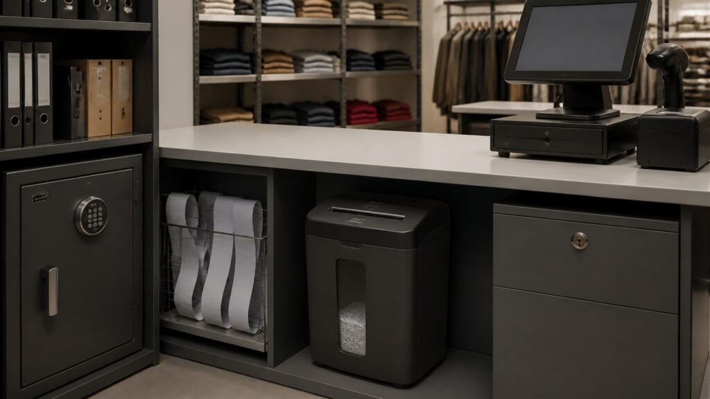 secure office shredding station with paper shredder, locked document bin, blank paper bundles, collection bags, lubricant sheets, and tidy storage for a retail operations buying decision
